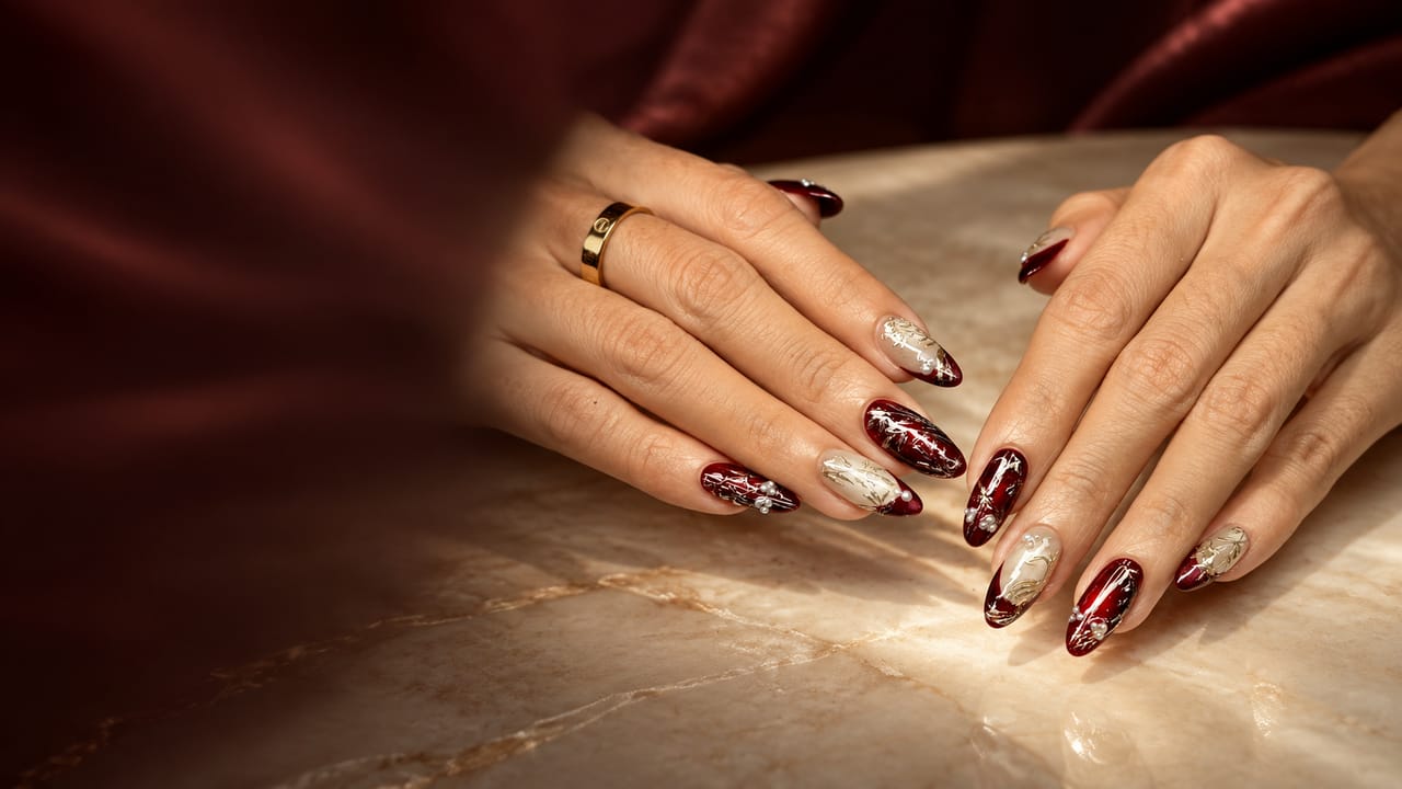Two hands on warm marble wearing long almond nails in glossy oxblood and sheer nude with fine gold leaf detailing.